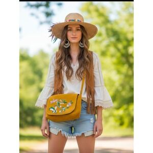 Made n India Boho Mustard Yellow Leather Embroidered Floral Crossbody Adjustable